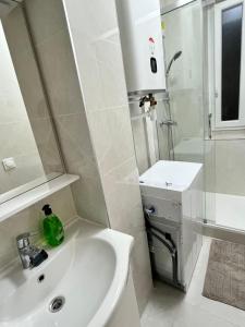 een witte badkamer met een wastafel en een douche bij studio paris 12 in Parijs