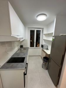 een witte keuken met een wastafel en een koelkast bij studio paris 12 in Parijs
