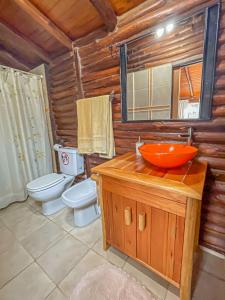 a bathroom with a sink and a toilet and a mirror at Cabañas Aventurados in Potrerillos