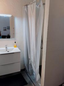 ein Bad mit einem Waschbecken und einem Duschvorhang in der Unterkunft Can Polta in Santa Margalida