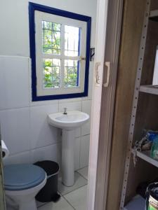 a bathroom with a sink and a toilet and a window at Casa da tranquilidade in Ouro Preto