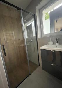 a bathroom with a shower and a sink at JW Holidays in Jastrzębia Góra