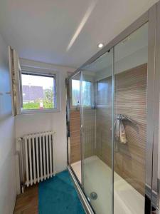 a bathroom with a glass shower with a window at Maison familiale proche Strasbourg in Illkirch-Graffenstaden