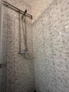 uma casa de banho com um chuveiro e paredes em azulejo em Casa da Nogueira em Porto Moniz