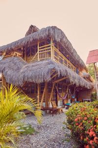 athatched building with a thatched roof and a thatchedambooambooamboo at Coco Sänkala Hostel in Palomino