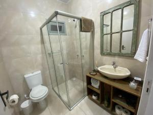 uma casa de banho com um chuveiro, um WC e um lavatório. em Chalé Terra Luni em Urubici