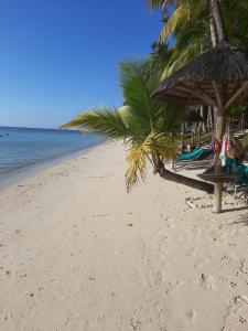 a beach with a straw umbrella and chairs and the ocean at DINO 2 in Trou aux Biches