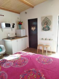 a living room with a kitchen and a purple rug at Casa da Serra in Nazaré