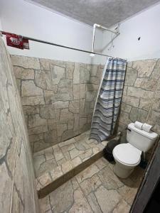 een badkamer met een toilet en een stenen muur bij Cocos House, Drake Bay in Drake
