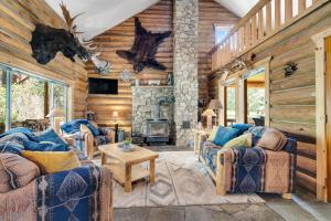 a living room with two couches and a stone fireplace at Cabin on Gibbonsville Road 