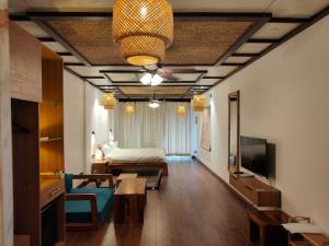 uma sala de estar com um sofá, uma cama e uma televisão em The Wild Sakura em Mukteswar
