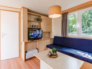 a living room with a blue couch and a tv at Nice chalet with covered terrace at a holiday park on the Leukermeer in Well