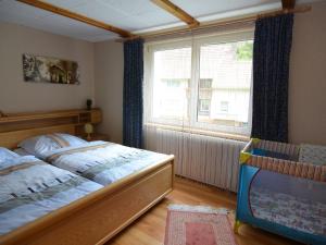 1 dormitorio con cama y ventana grande en Cosy holiday home in the Harz region, en Herzberg am Harz