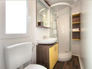 La salle de bains est pourvue d'un lavabo, de toilettes et d'une douche. dans l'établissement Modern chalet with two bathrooms, 9 km south of Opatija, à Medveja