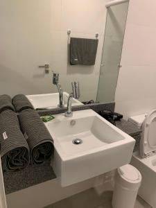 een badkamer met een wastafel, een toilet en een spiegel bij Encantador,Novo,Central,Com Garagem e Wifi 300Mbps in Pelotas