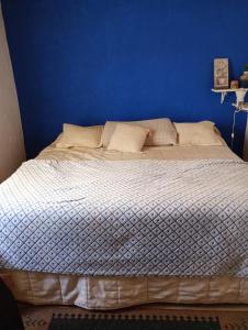 a bedroom with a blue wall and a large bed at El Resueyo de Saladillo in Saladillo