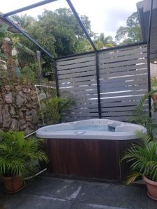 a hot tub in a garden with plants at Francis Nook Bourg Mulatresse Room in San Juan