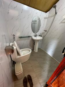 La salle de bains est pourvue d'un lavabo, de toilettes et d'un miroir. dans l'établissement VuLinh Family Homestay, à Yên Bình