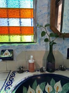 a bathroom sink with a vase on top of it at Casa Estrella Oaxaca in Oaxaca City +25 photos