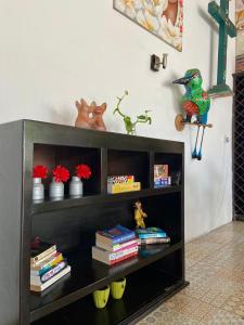 una estantería de libros negros con libros y libros en Real Haciendas, en Valladolid