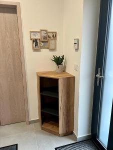 a small wooden cabinet with a plant on top of it at Dolní Morava- Apartmán v Prostření Lipce in Králíky