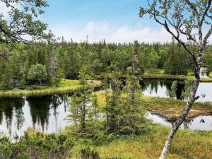 a river in a field with trees in the background at Holiday home JÄRPEN II in Järpen