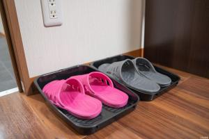 two pairs of pink shoes in a tray on the floor at W.K Inn in Osaka