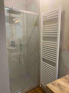 una doccia con una porta in vetro in un bagno di New Residenza Dei Cerchi a Firenze