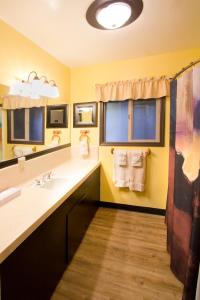 a bathroom with a sink and a large mirror at Moderne Hostel in Mammoth Lakes