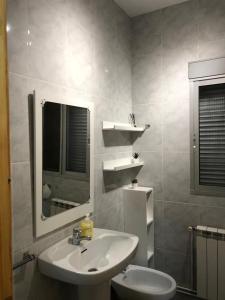 a bathroom with a sink and a mirror and a toilet at Casa Chorreón in Letur