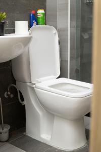 La salle de bains est pourvue de toilettes blanches et d'un lavabo. dans l'établissement Indesign Makumbi park studio Apartment D4-5,Syokimau, à Syokimau
