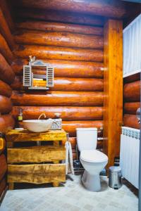 a bathroom with a toilet and a wooden wall at Cazare Casa Suw Toplita in Măgheruş