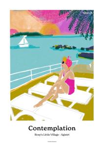 a painting of a woman sitting on a beach at Rosys Little Village in Skala