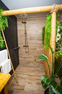 een douche in een kamer met planten bij L'Évasion Loveroom in Sarreguemines