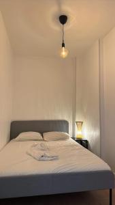 een slaapkamer met een bed met een lamp erop bij Capucins - Très bel appartement hyper centre in Reims