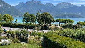 a park with a view of a lake and mountains at Le Chalet de la Plage in Sévrier