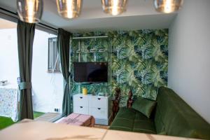 El Merendero في Ateca: غرفة معيشة مع أريكة خضراء وتلفزيون