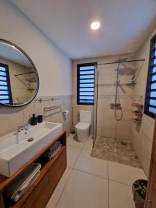 een badkamer met een wastafel, een toilet en een spiegel bij Maryse’ House in Les Avirons
