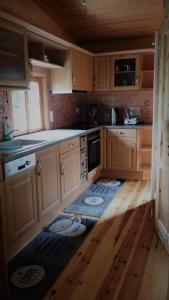 a kitchen with wooden cabinets and a wooden floor at NaturflairHaus in Königstein an der Elbe