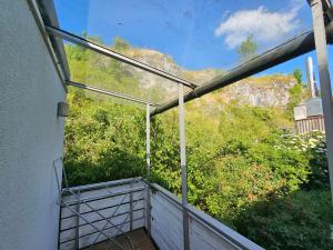 Elle comprend un balcon offrant une vue sur les montagnes. dans l'établissement Wohnreich Blaustein Mitte 1. OG (3er WG), à Blaustein
