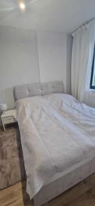 ein weißes Bett in einem Schlafzimmer mit einem Fenster in der Unterkunft Apartament w Dolinie Sanu nr 2 in Lesko