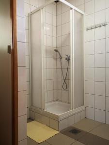 una doccia con una porta in vetro in un bagno di Hostel Mladinski center Šmartno ob Paki a Šmartno ob Paki