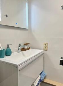 um balcão de cozinha com um lavatório e um espelho em Refurnished Apartment in Rucava em Rucava