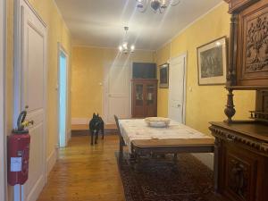 une chambre avec une table et un chien noir debout dans le couloir dans l'établissement Chateau du Donjon, à Drumettaz-Clarafond