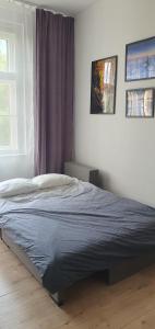 Una cama en un dormitorio con una manta azul. en Rybnicka 10, en Katowice