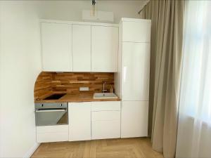 uma pequena cozinha com armários brancos e um lavatório em Picturesque Old Town Apartment with Charming Balcony em Kaunas