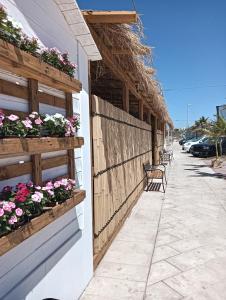 een stoep met banken en bloemen aan de zijkant van een gebouw bij Kamarinè - sul mare in Scoglitti