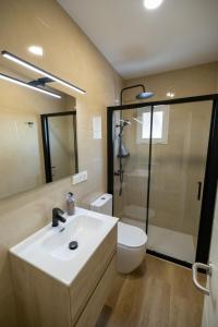 ein Bad mit einem Waschbecken, einem WC und einer Dusche in der Unterkunft Hostal Royal Bliss in Punta Umbría