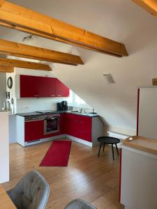 a kitchen with red cabinets and a red rug at WITHA in Fuhlendorf