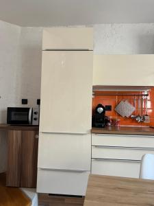 a kitchen with a white refrigerator and a microwave at Guesthouse 45 in Dutovlje
